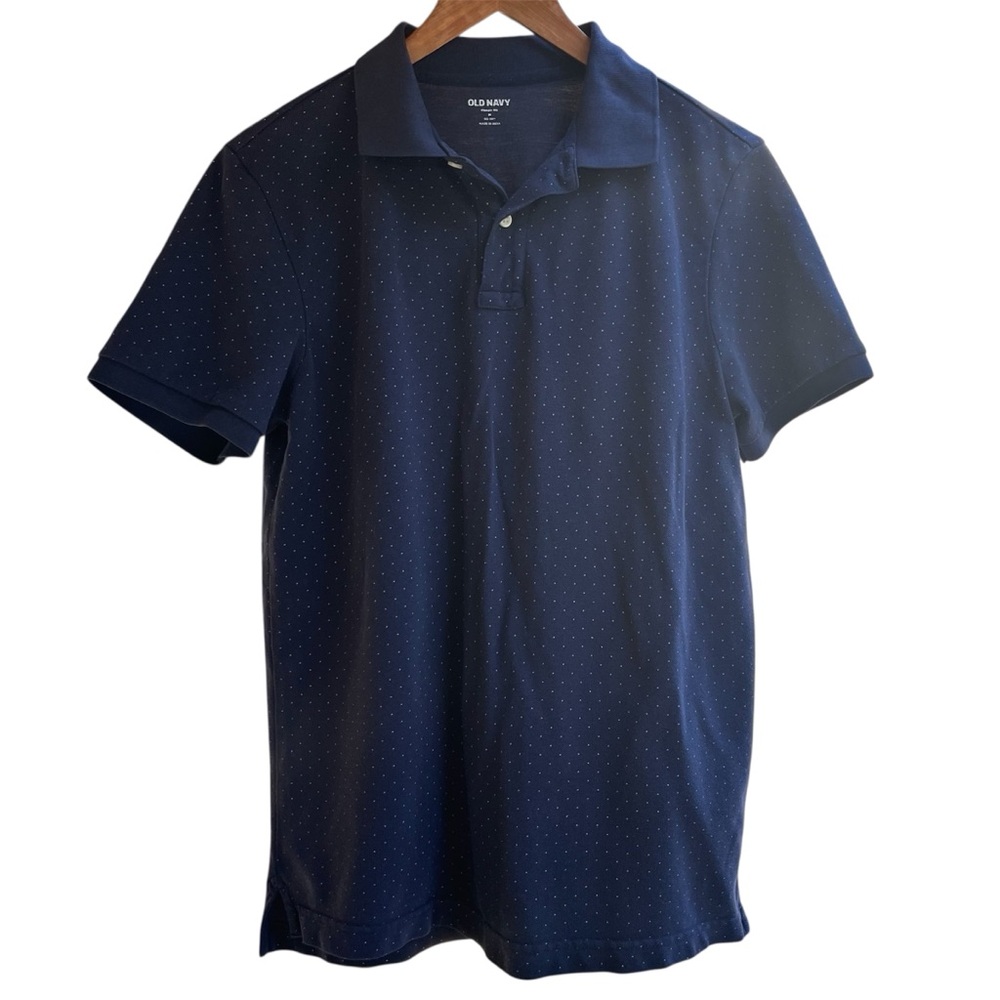 Old Navy Classic Fit Polo Medium Navy Blue White Polka Dot Pattern Short Sleeve
